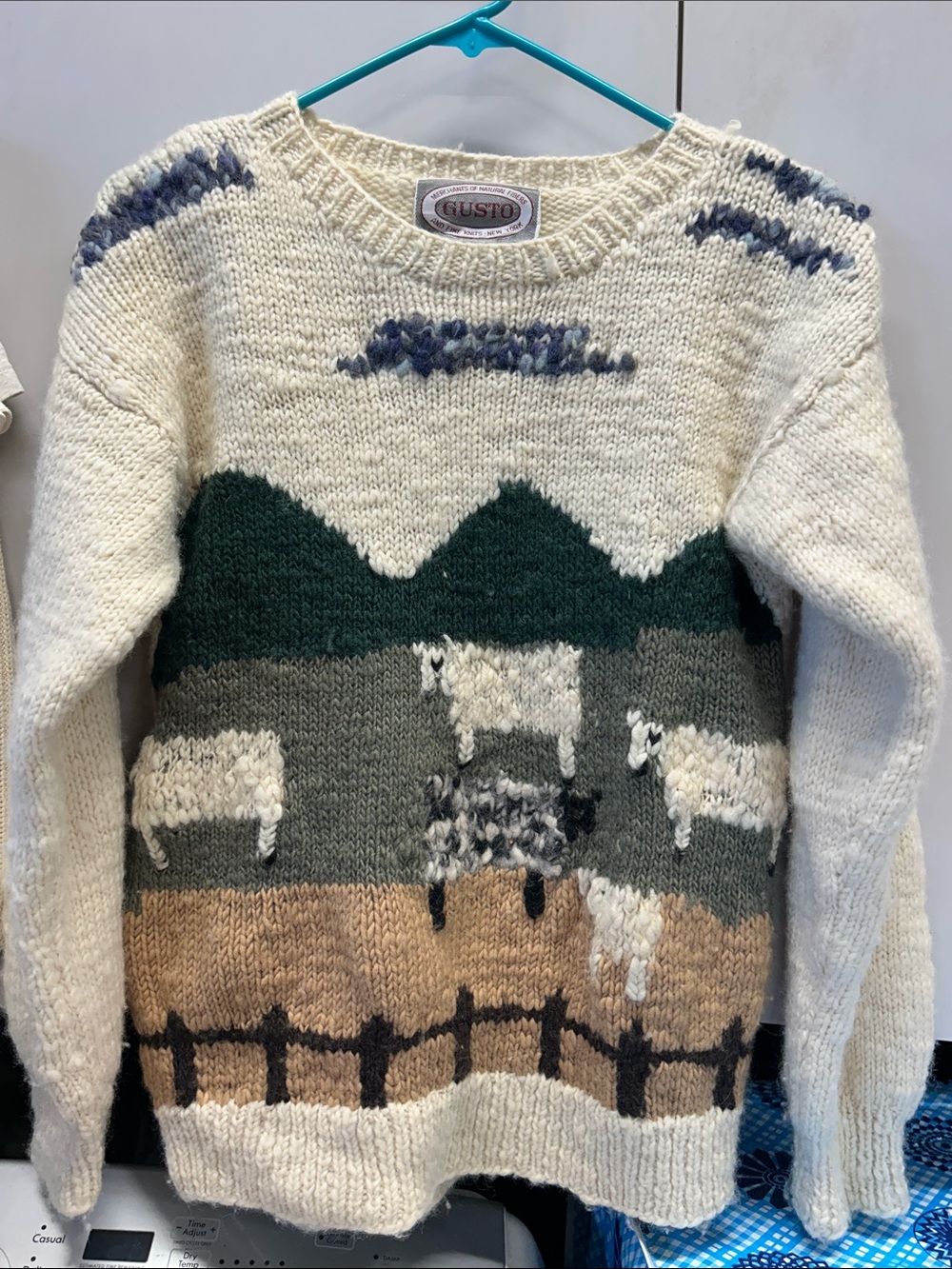 Gusto Handknit Sheep Farm Sweater - Cream, Green, Gray, Tan